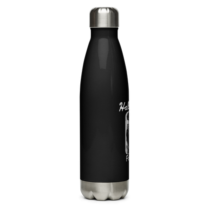 This is a black steel water bottle that has a hugging skeleton couple that is grey and says Halloween Forever 