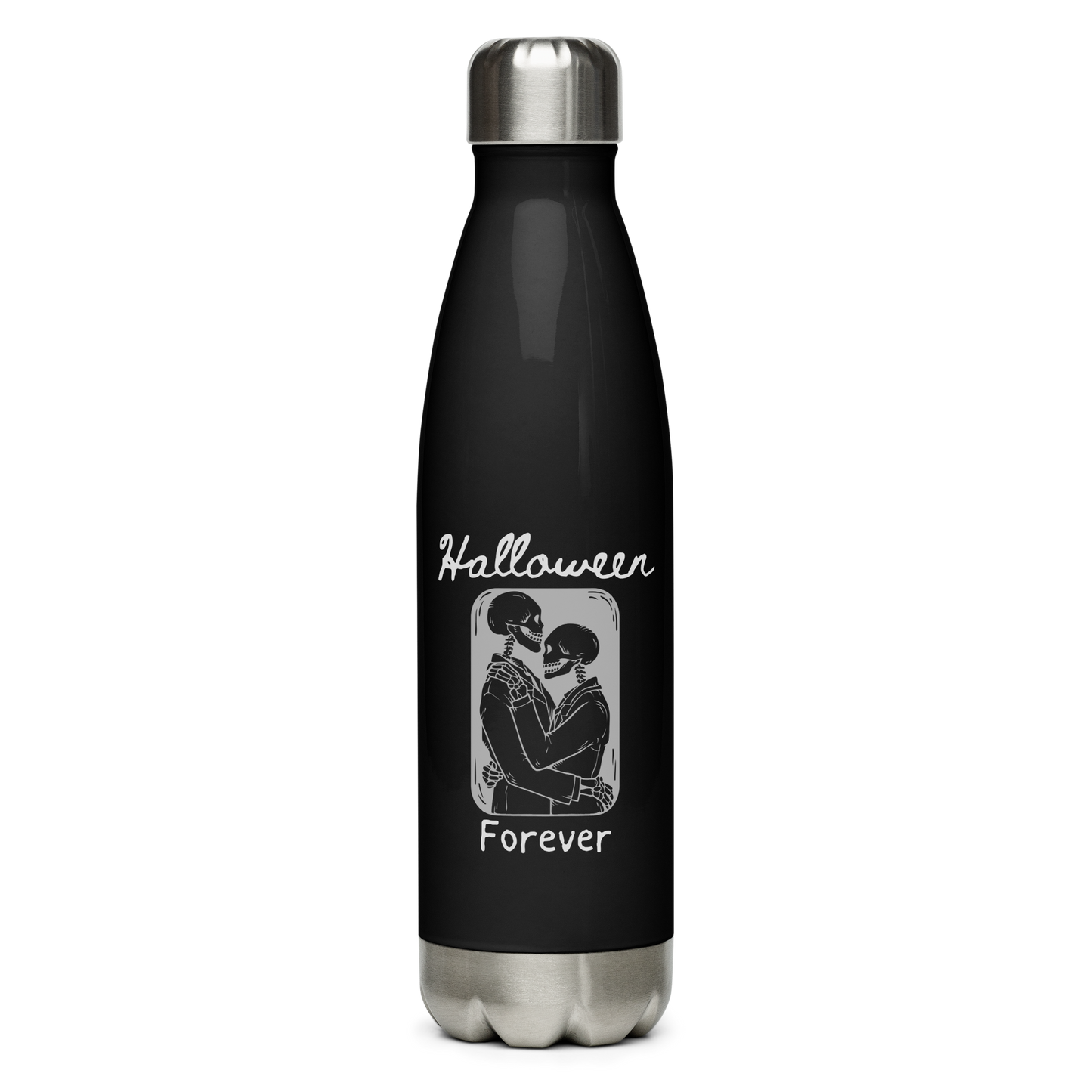 This is a black steel water bottle that has a hugging skeleton couple that is grey and says Halloween Forever 