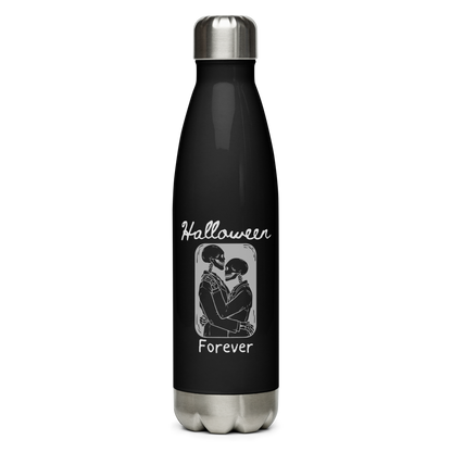 This is a black steel water bottle that has a hugging skeleton couple that is grey and says Halloween Forever 