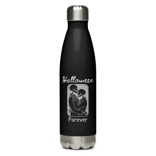 This is a black steel water bottle that has a hugging skeleton couple that is grey and says Halloween Forever 