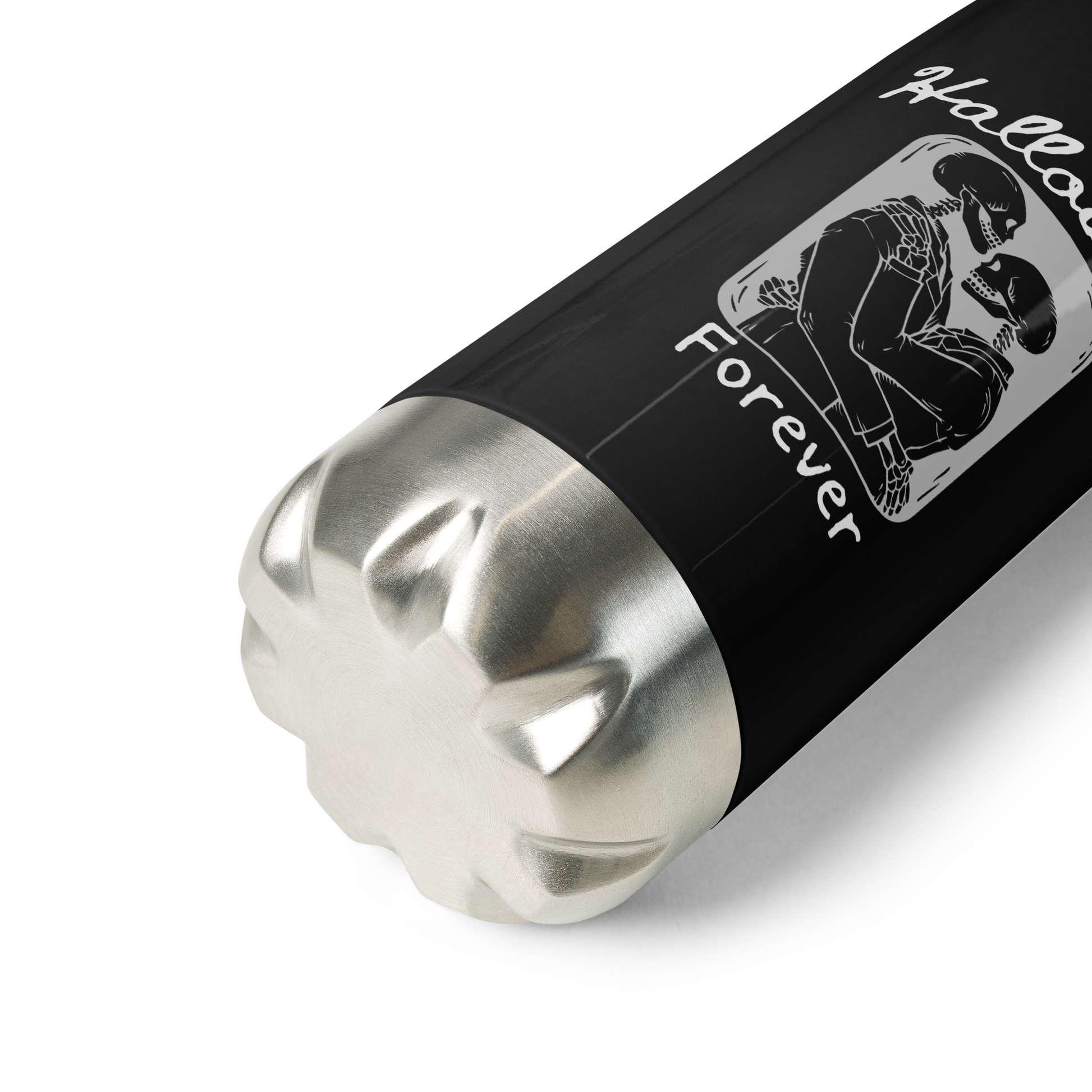 This is a black stainless steel water bottle that has a hugging skeleton couple that is grey and says Halloween Forever 