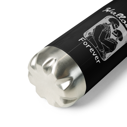 This is a black stainless steel water bottle that has a hugging skeleton couple that is grey and says Halloween Forever 