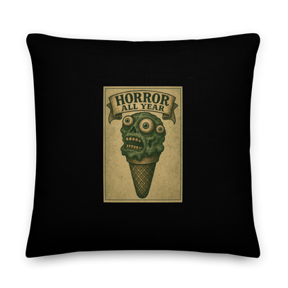 This is a pillow with a vintage-style illustration of a zombie-themed ice cream cone with a green, melting undead face and bulging eyeballs. Above the cone, a horror banner reads "Horror All Year" on a distressed parchment background
