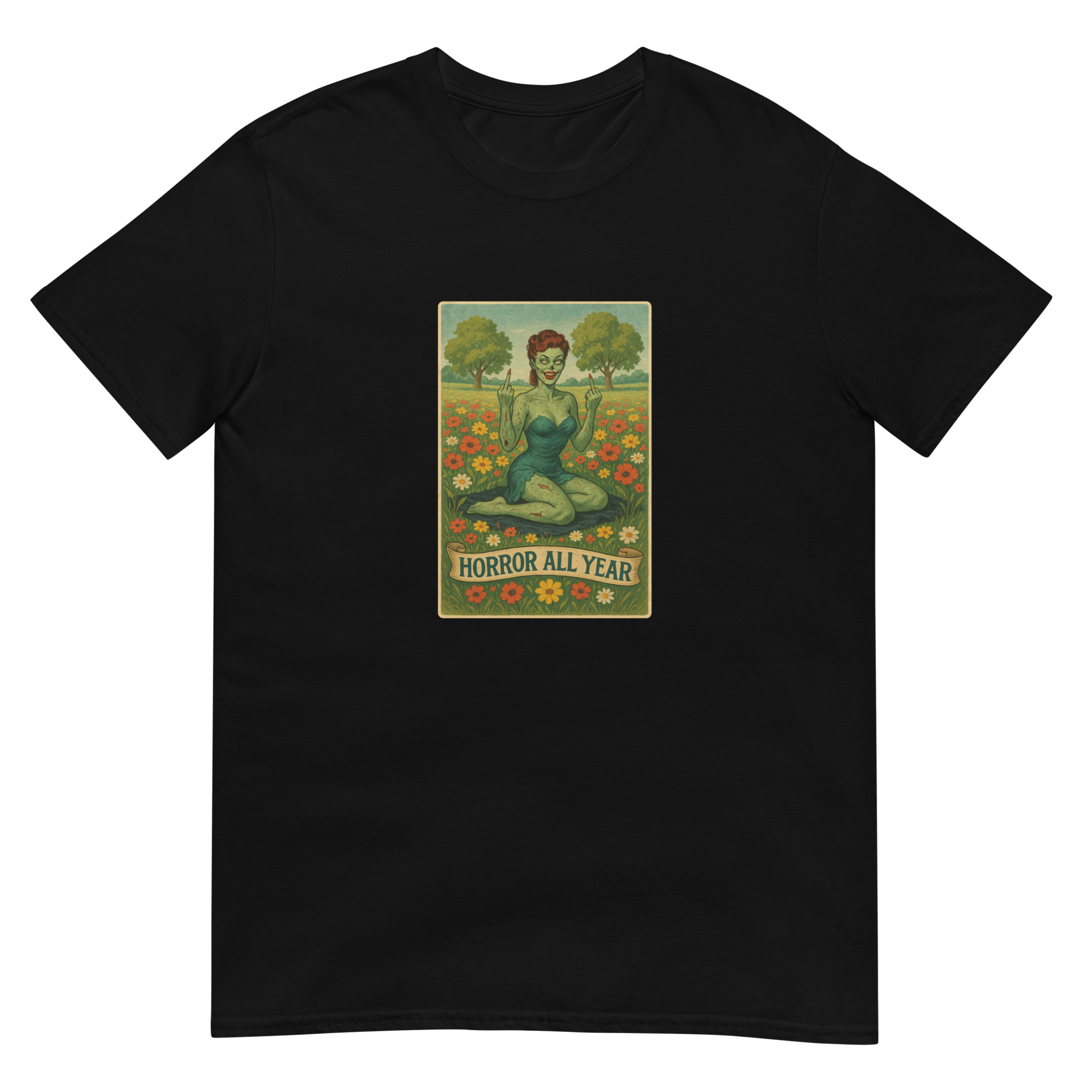 This is a black t-shirt with a design illustration of a sassy zombie pinup girl standing in a floral field, wearing tattered lingerie and flipping off the viewer with both hands. She has green skin, vintage curls, and a bold attitude. The design blends horror and humor, with a pastel color palette and creepy cute vibes