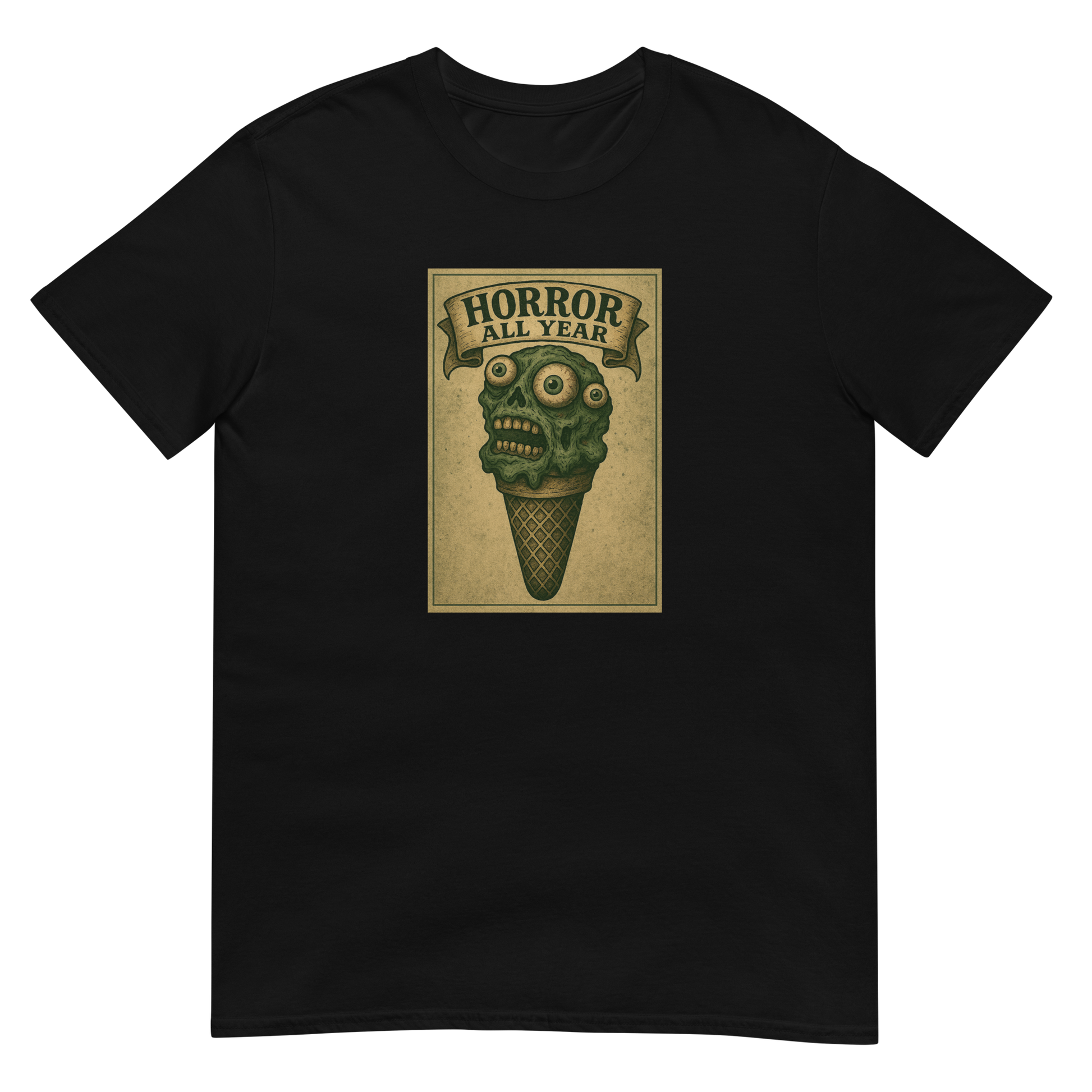 This is a black t- shirt that is a vintage-style illustration of a zombie-themed ice cream cone with a green, melting undead face and bulging eyeballs. Above the cone, a horror banner reads "Horror All Year" on a distressed parchment background