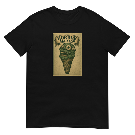 This is a black t- shirt that is a vintage-style illustration of a zombie-themed ice cream cone with a green, melting undead face and bulging eyeballs. Above the cone, a horror banner reads "Horror All Year" on a distressed parchment background