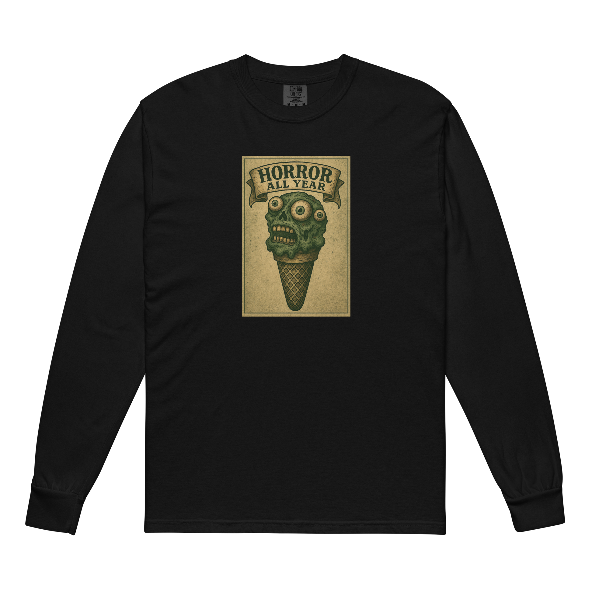 This is a black long sleeve shirt that is a vintage-style illustration of a zombie-themed ice cream cone with a green, melting undead face and bulging eyeballs. Above the cone, a horror banner reads "Horror All Year" on a distressed parchment background