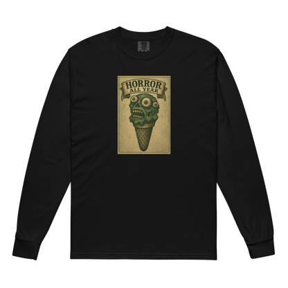 This is a black long sleeve shirt that is a vintage-style illustration of a zombie-themed ice cream cone with a green, melting undead face and bulging eyeballs. Above the cone, a horror banner reads "Horror All Year" on a distressed parchment background