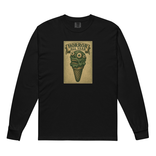 This is a black long sleeve shirt that is a vintage-style illustration of a zombie-themed ice cream cone with a green, melting undead face and bulging eyeballs. Above the cone, a horror banner reads "Horror All Year" on a distressed parchment background