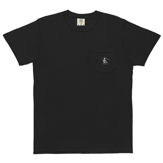 This is a black pocket t-shirt that has a bored skeleton with his head resting in his hand and he has spider webs and bats around him and the text reads just waiting for October