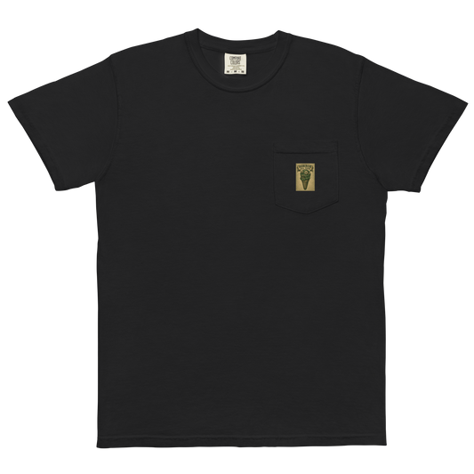 This is a black pocket t-shirt that is a vintage-style illustration of a zombie-themed ice cream cone with a green, melting undead face and bulging eyeballs. Above the cone, a horror banner reads "Horror All Year" on a distressed parchment background