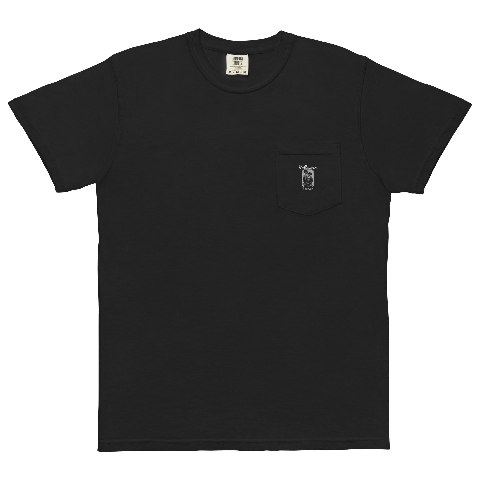 This is a black pocket t-shirt that has a hugging skeleton couple that is grey and says Halloween Forever 