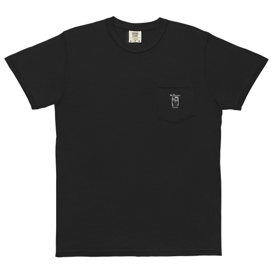 This is a black pocket t-shirt that has a hugging skeleton couple that is grey and says Halloween Forever 