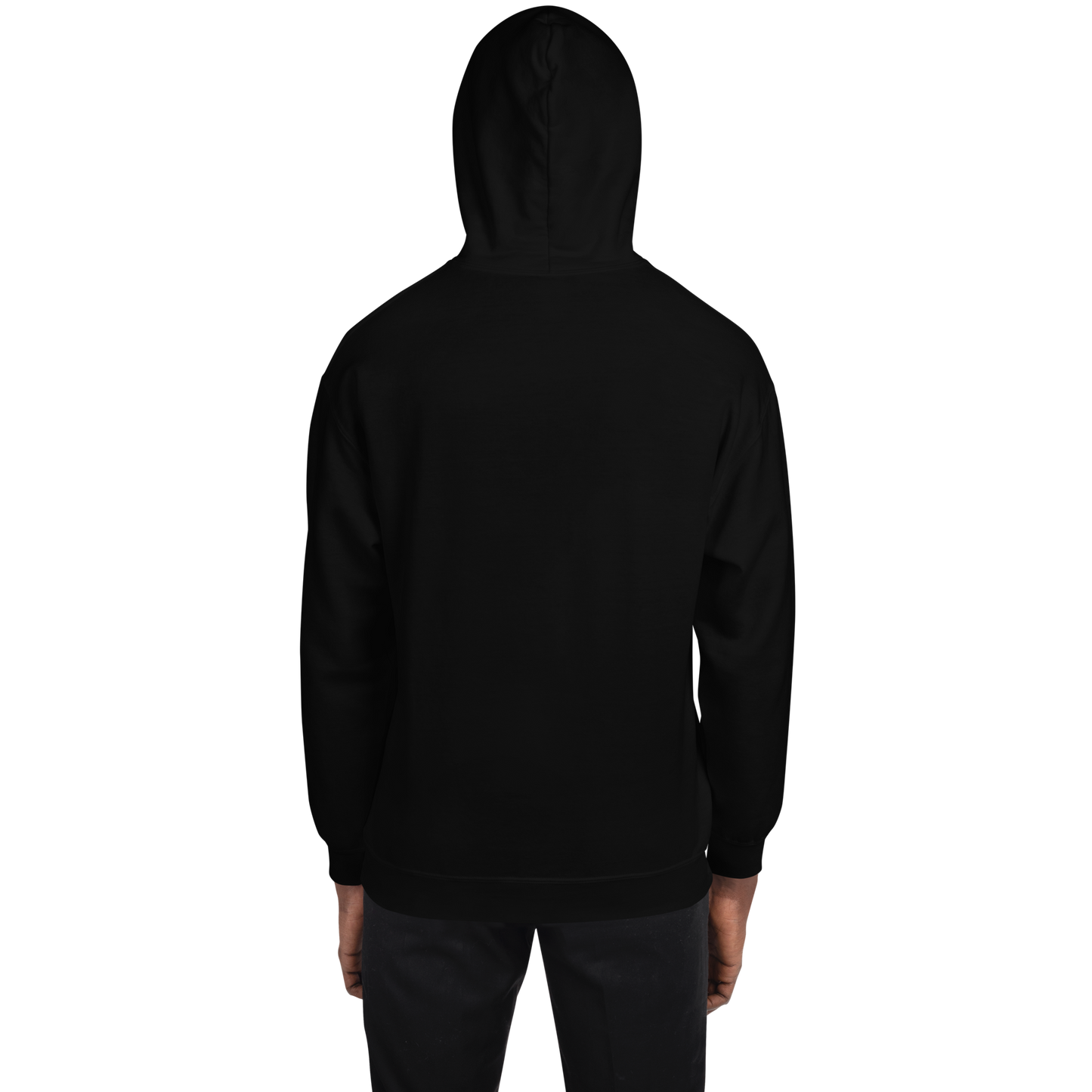 This is a man showing the back of a black hoodie that is a vintage-style illustration of a zombie-themed ice cream cone with a green, melting undead face and bulging eyeballs. Above the cone, a horror banner reads "Horror All Year" on a distressed parchment background on the front side
