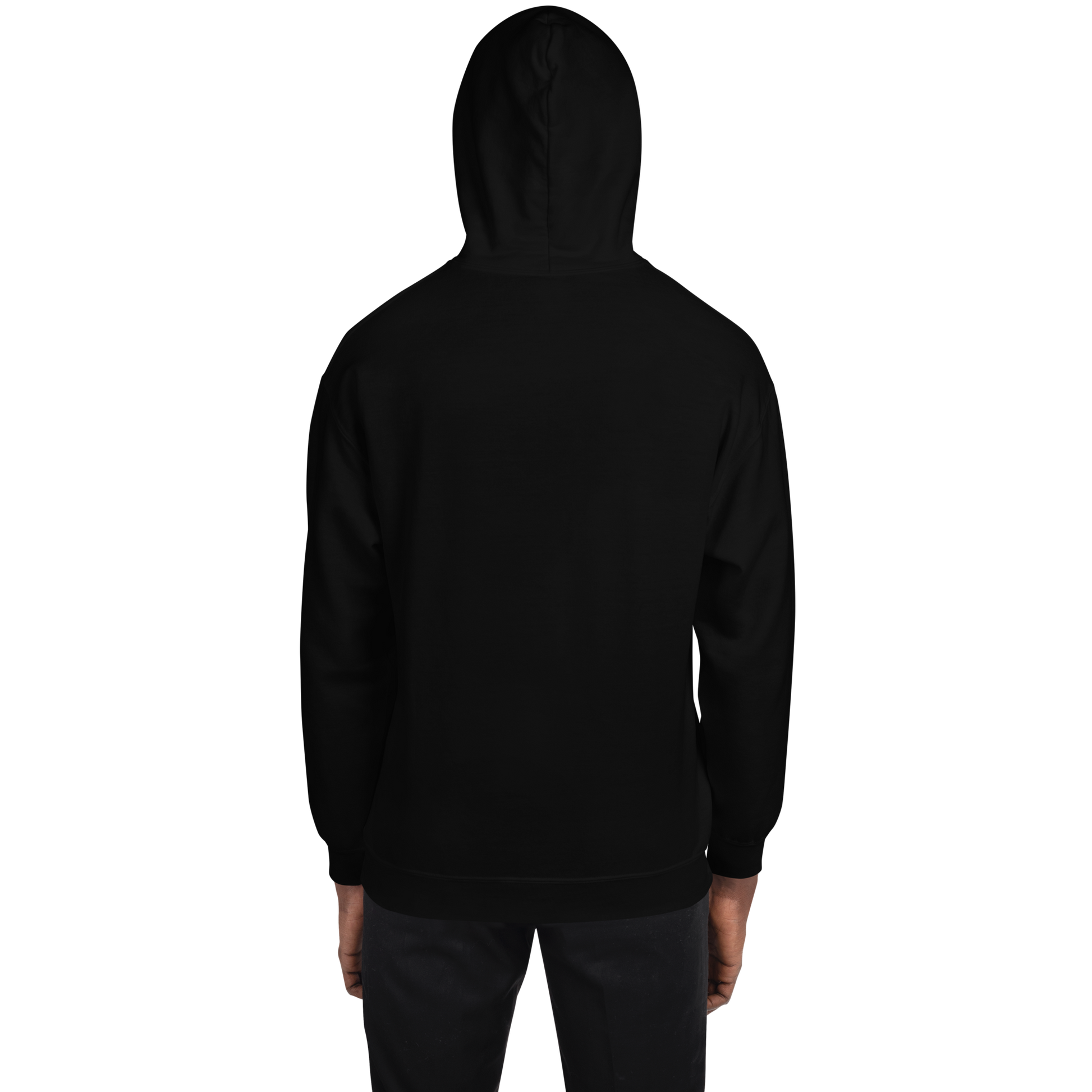 This is a man showing the back of a black hoodie that is a vintage-style illustration of a zombie-themed ice cream cone with a green, melting undead face and bulging eyeballs. Above the cone, a horror banner reads "Horror All Year" on a distressed parchment background on the front side
