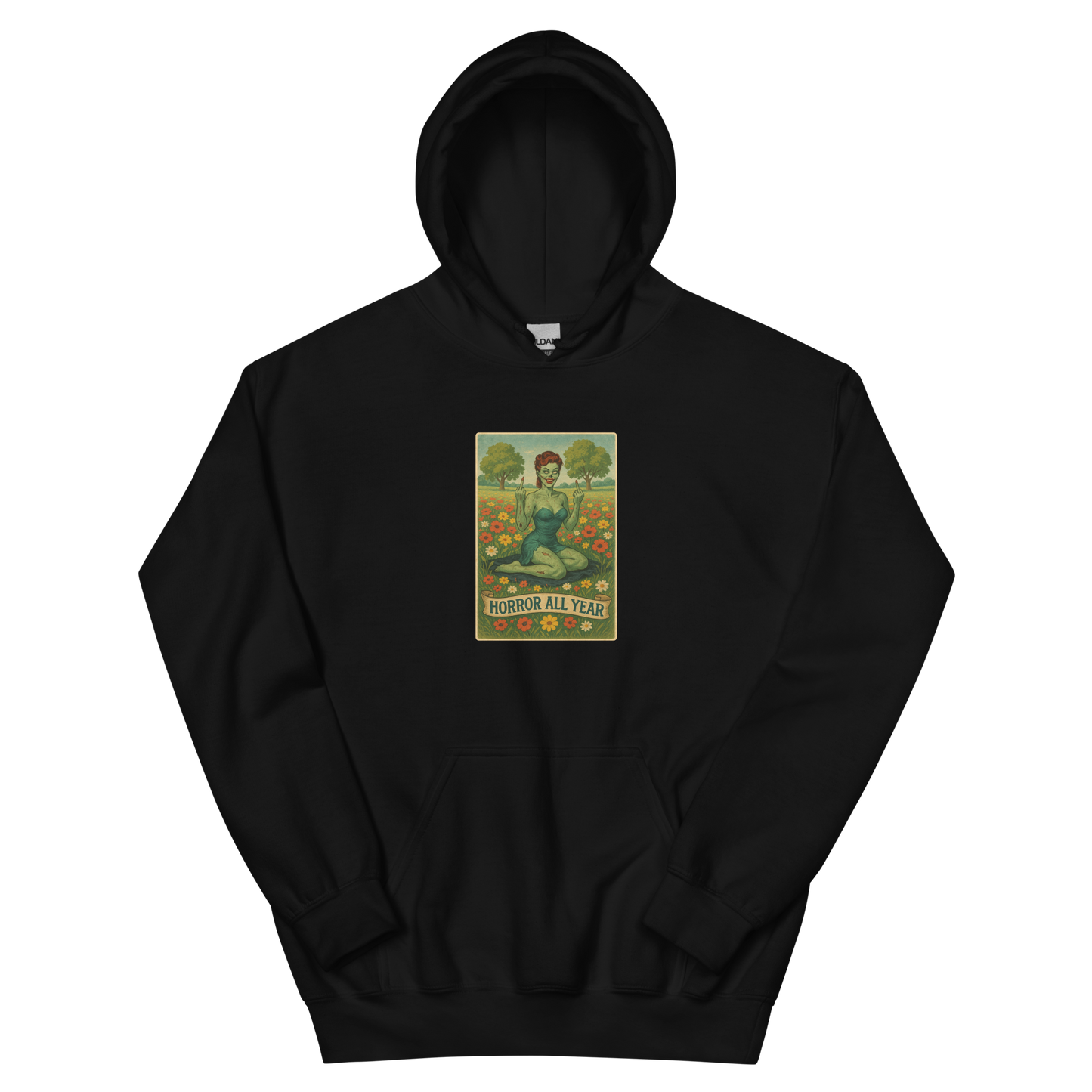 This is a black hoodie with a design illustration of a sassy zombie pinup girl standing in a floral field, wearing tattered lingerie and flipping off the viewer with both hands. She has green skin, vintage curls, and a bold attitude. The design blends horror and humor, with a pastel color palette and creepy cute vibes.