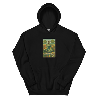 This is a black hoodie with a design illustration of a sassy zombie pinup girl standing in a floral field, wearing tattered lingerie and flipping off the viewer with both hands. She has green skin, vintage curls, and a bold attitude. The design blends horror and humor, with a pastel color palette and creepy cute vibes.