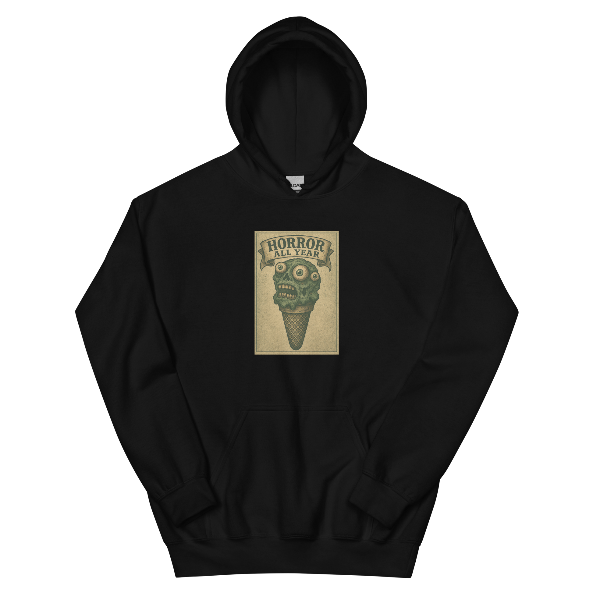 This a black hoodie that is a vintage-style illustration of a zombie-themed ice cream cone with a green, melting undead face and bulging eyeballs. Above the cone, a horror banner reads "Horror All Year" on a distressed parchment background