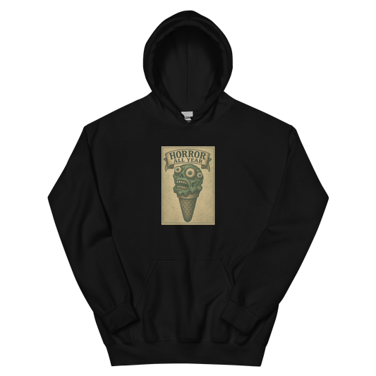 This a black hoodie that is a vintage-style illustration of a zombie-themed ice cream cone with a green, melting undead face and bulging eyeballs. Above the cone, a horror banner reads "Horror All Year" on a distressed parchment background