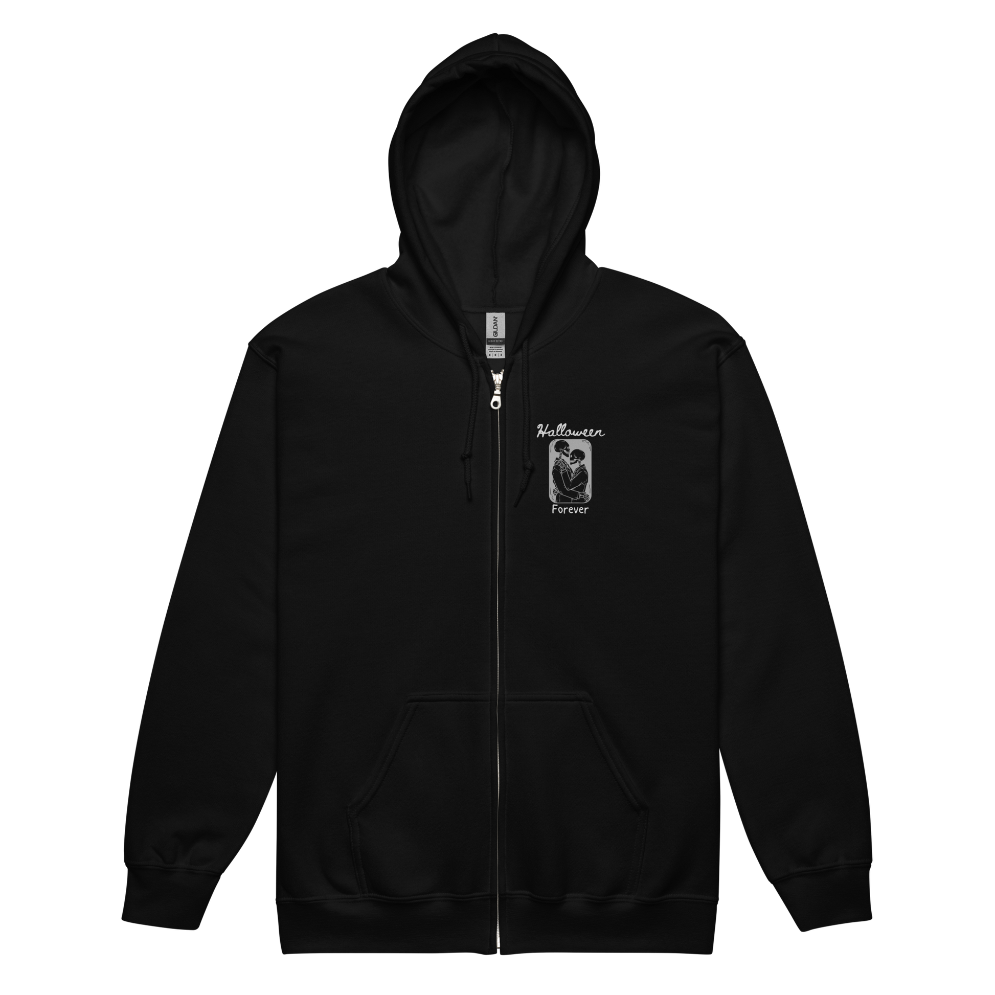 This a black zip-up hoodie that has a hugging skeleton couple that is grey and says Halloween Forever 