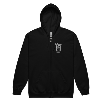 This a black zip-up hoodie that has a hugging skeleton couple that is grey and says Halloween Forever 