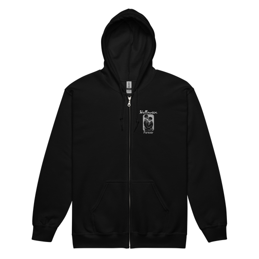 This a black zip-up hoodie that has a hugging skeleton couple that is grey and says Halloween Forever 