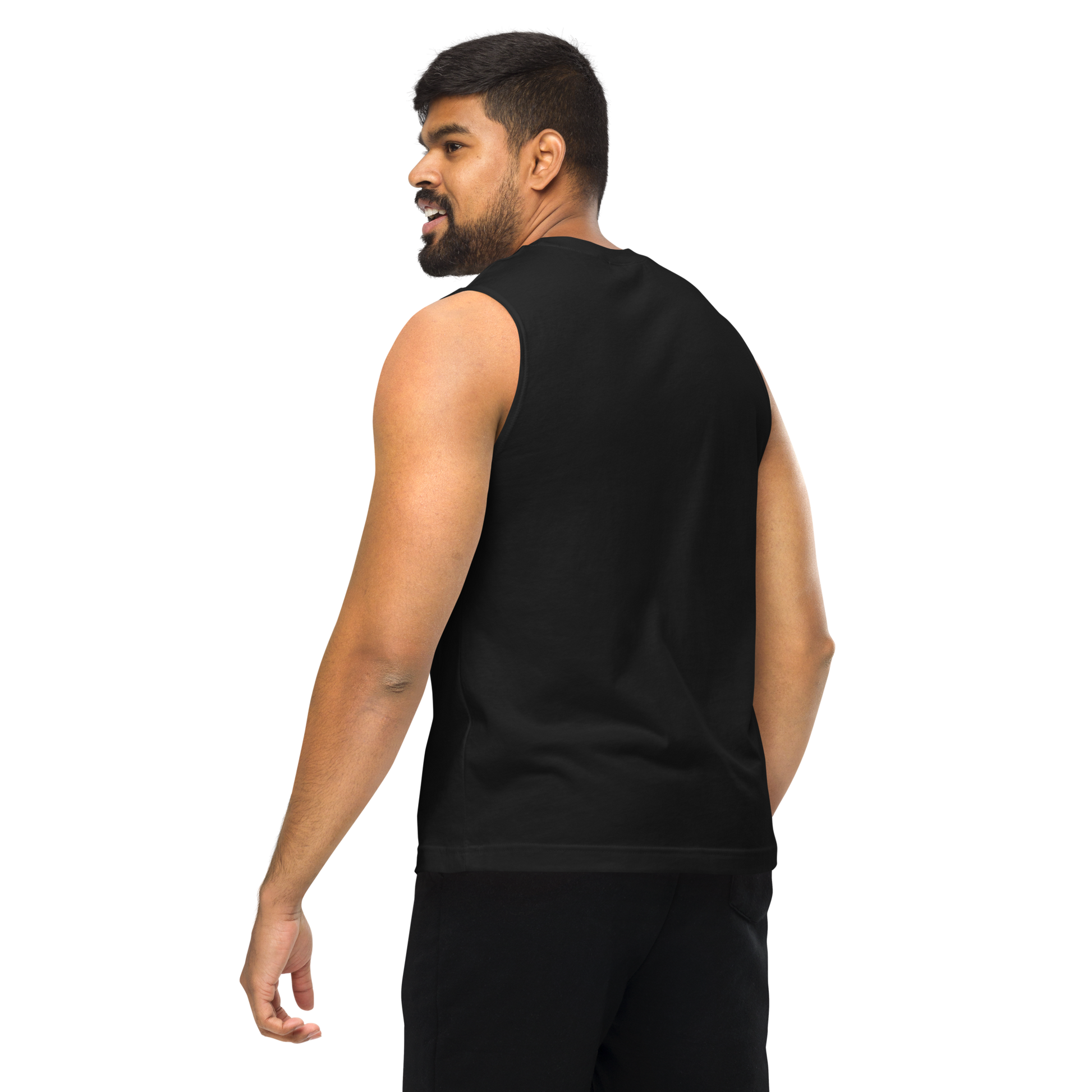 This is a man with dark hair showing the back of a black muscle shirt with a Día de los Muertos–style illustration of a male and female skeleton holding hands, surrounded by marigolds, vines, and folk art patterns. The skeletons wear traditional black clothing, the man in a suit and hat, the woman with a floral crown with a red heart and leaves at the bottom and the text Creepy All Year. Rendered in warm tones of orange, green, and cream, symbolizing eternal love and remembrance on the front side 