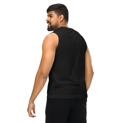 This is a man with dark hair showing the back of a black muscle shirt with a Día de los Muertos–style illustration of a male and female skeleton holding hands, surrounded by marigolds, vines, and folk art patterns. The skeletons wear traditional black clothing, the man in a suit and hat, the woman with a floral crown with a red heart and leaves at the bottom and the text Creepy All Year. Rendered in warm tones of orange, green, and cream, symbolizing eternal love and remembrance on the front side 