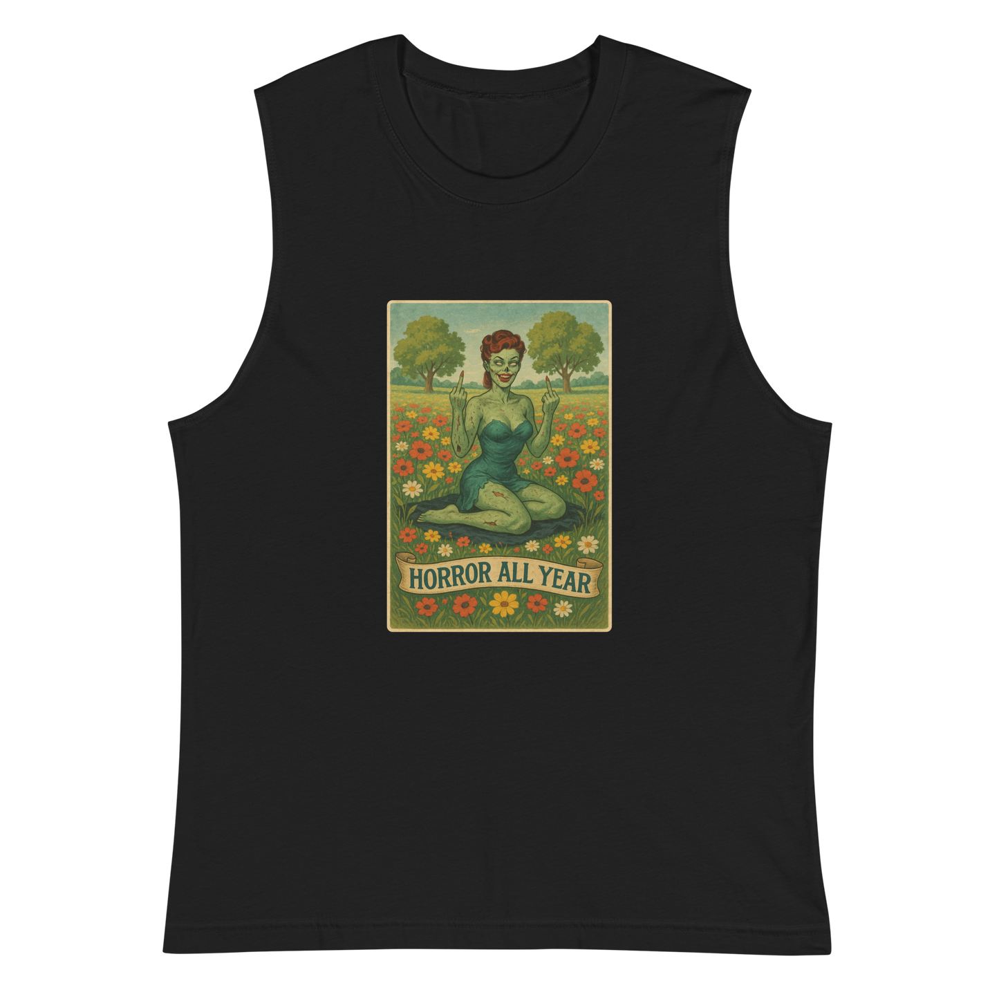 This is a black muscle shirt with a design illustration of a sassy zombie pinup girl standing in a floral field, wearing tattered lingerie and flipping off the viewer with both hands. She has green skin, vintage curls, and a bold attitude. The design blends horror and humor, with a pastel color palette and creepy cute vibes
