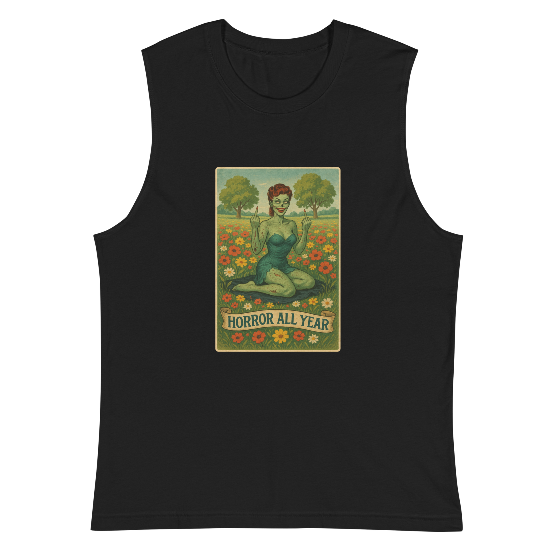 This is a black muscle shirt with a design illustration of a sassy zombie pinup girl standing in a floral field, wearing tattered lingerie and flipping off the viewer with both hands. She has green skin, vintage curls, and a bold attitude. The design blends horror and humor, with a pastel color palette and creepy cute vibes