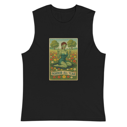 This is a black muscle shirt with a design illustration of a sassy zombie pinup girl standing in a floral field, wearing tattered lingerie and flipping off the viewer with both hands. She has green skin, vintage curls, and a bold attitude. The design blends horror and humor, with a pastel color palette and creepy cute vibes