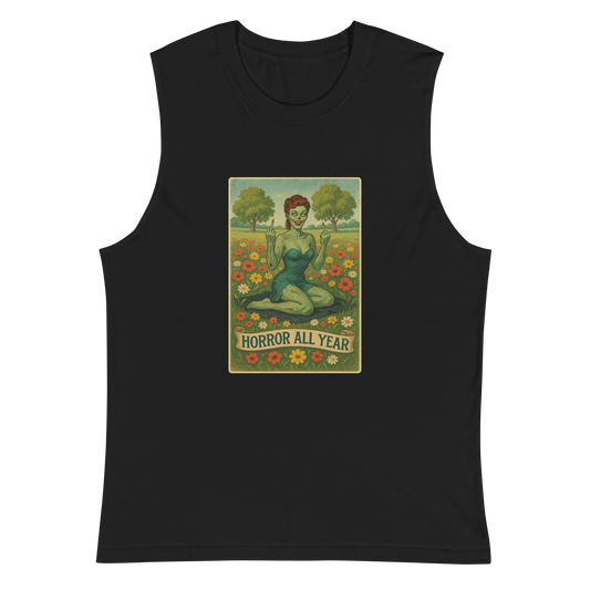 This is a black muscle shirt with a design illustration of a sassy zombie pinup girl standing in a floral field, wearing tattered lingerie and flipping off the viewer with both hands. She has green skin, vintage curls, and a bold attitude. The design blends horror and humor, with a pastel color palette and creepy cute vibes