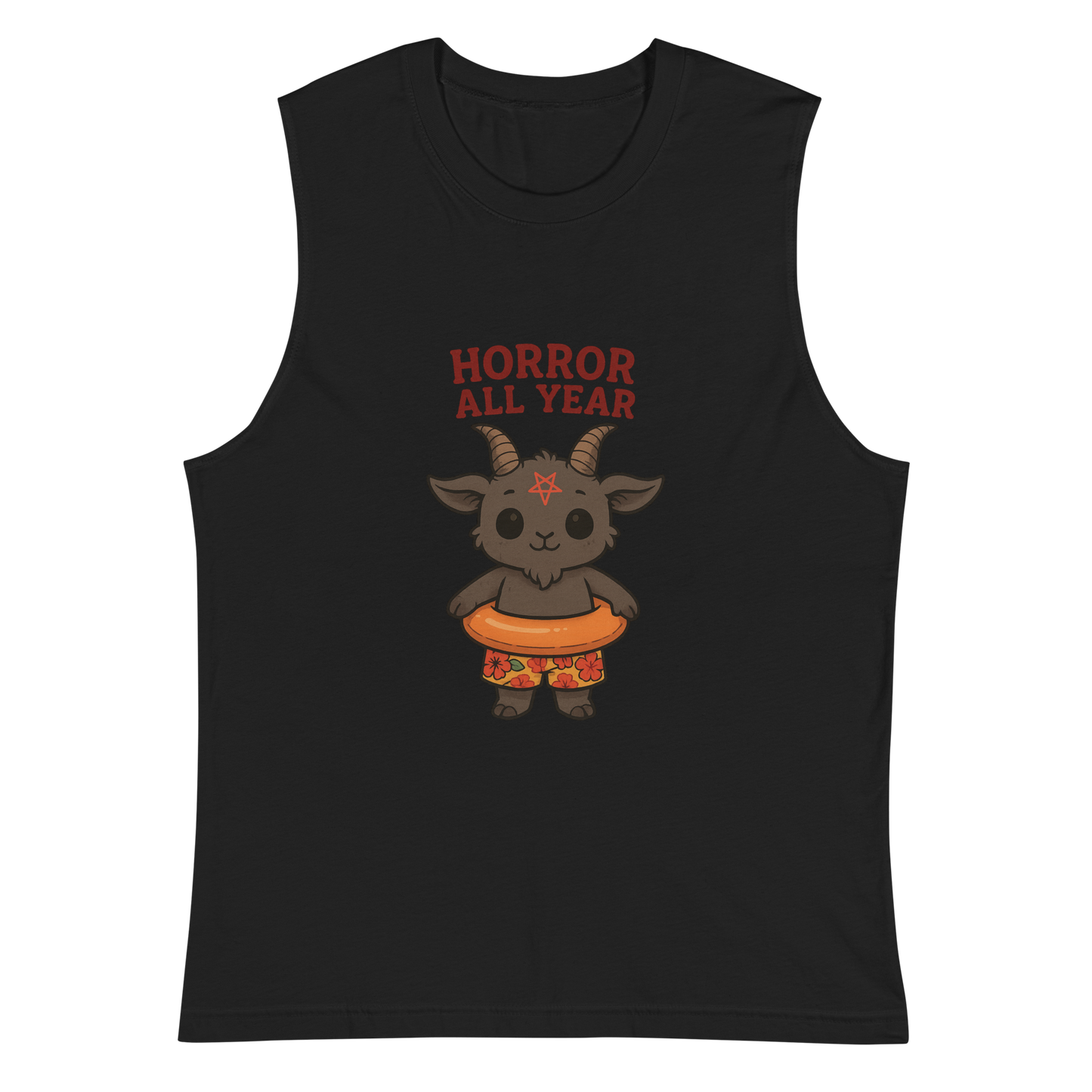 This is a black muscle shirt with a cartoon illustration of a baby Baphomet goat with curved horns and a playful grin, wearing bright floral swim trunks while floating in a colorful inner tube. The character is set against a light background with the bold text “Horror All Year” above in red letters