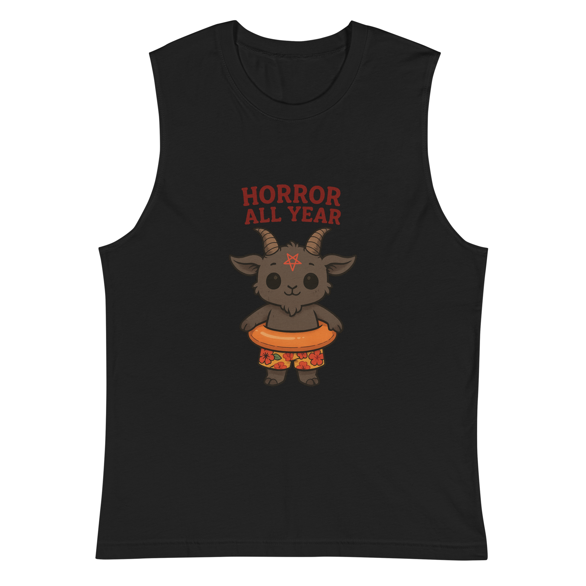 This is a black muscle shirt with a cartoon illustration of a baby Baphomet goat with curved horns and a playful grin, wearing bright floral swim trunks while floating in a colorful inner tube. The character is set against a light background with the bold text “Horror All Year” above in red letters