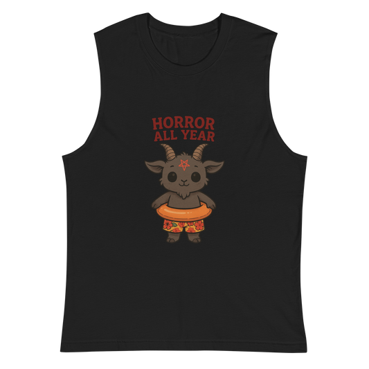This is a black muscle shirt with a cartoon illustration of a baby Baphomet goat with curved horns and a playful grin, wearing bright floral swim trunks while floating in a colorful inner tube. The character is set against a light background with the bold text “Horror All Year” above in red letters