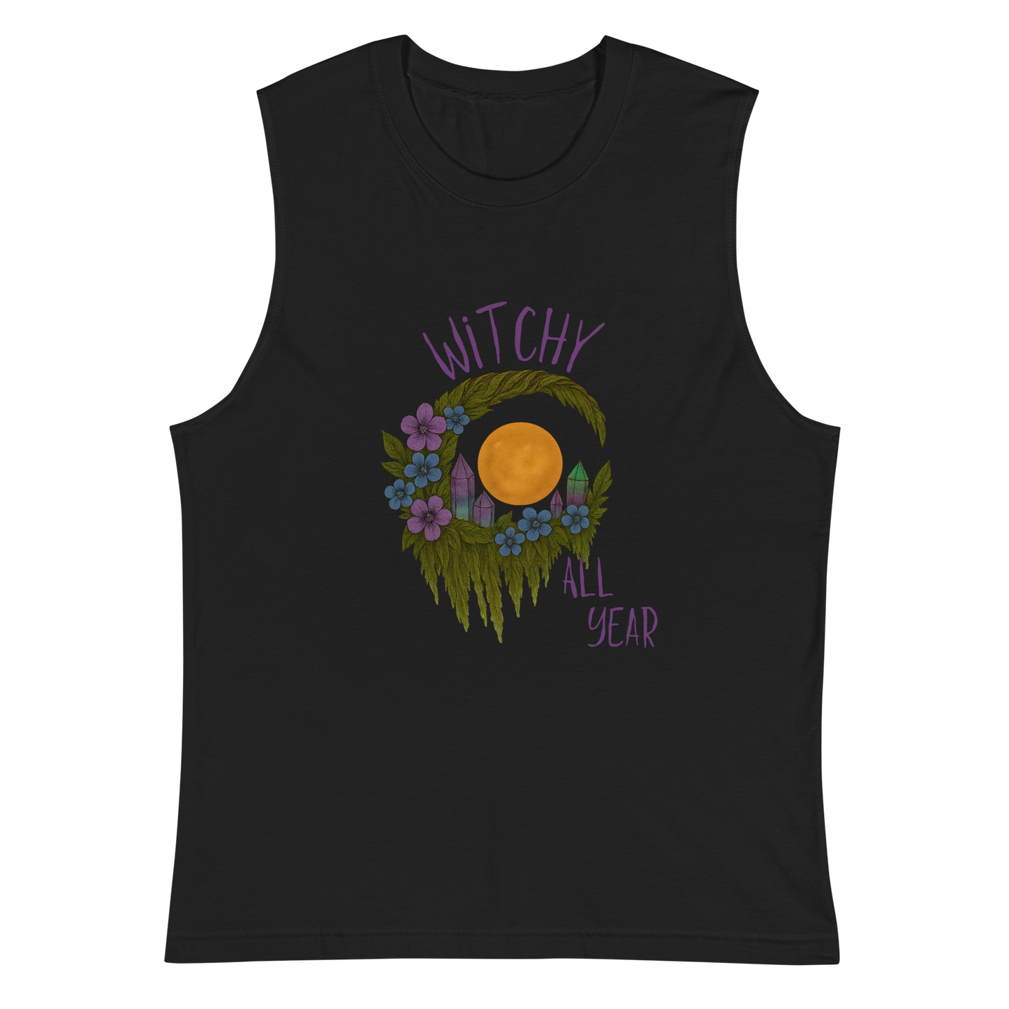 This is a black muscle shirt with a design of a hand-drawn wreath made of moss-covered branches wraps around a glowing sun. The wreath is decorated with purple and blue flowers, small amethyst and fluorite crystals, and strands of hanging moss. The words “Witchy” curve above the wreath and “All Year” sits on the bottom right 
