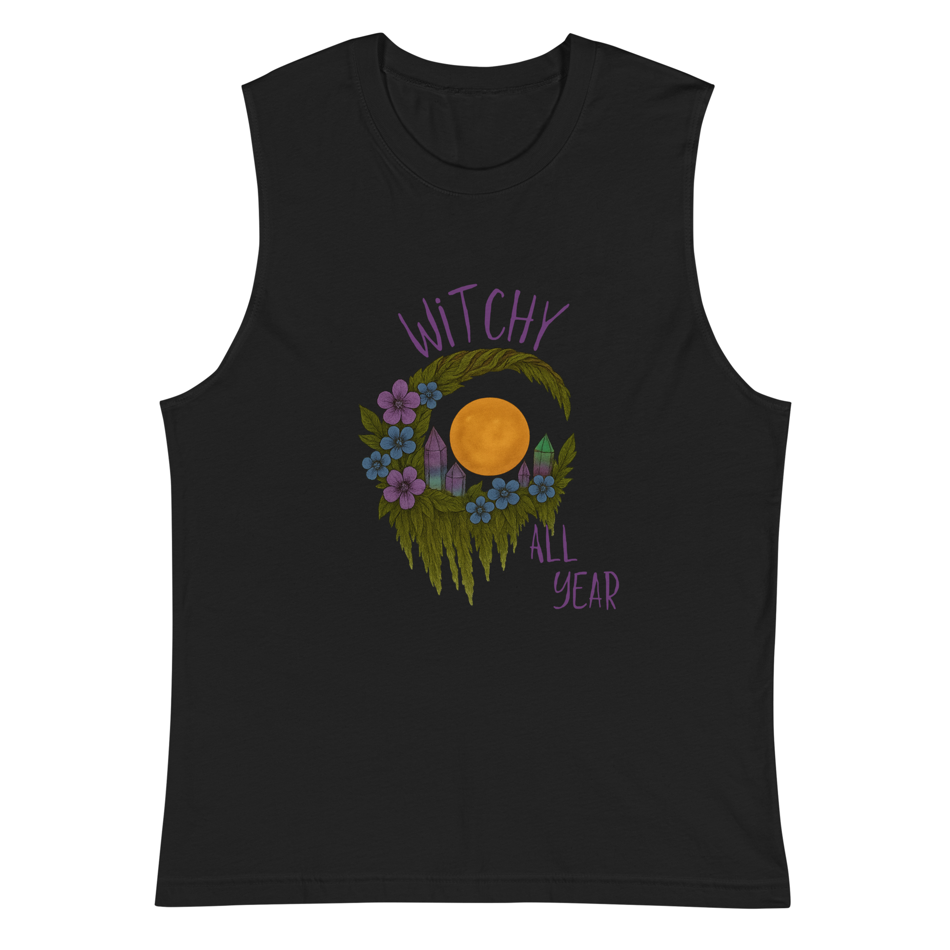 This is a black muscle shirt with a design of a hand-drawn wreath made of moss-covered branches wraps around a glowing sun. The wreath is decorated with purple and blue flowers, small amethyst and fluorite crystals, and strands of hanging moss. The words “Witchy” curve above the wreath and “All Year” sits on the bottom right 
