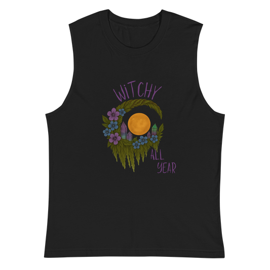This is a black muscle shirt with a design of a hand-drawn wreath made of moss-covered branches wraps around a glowing sun. The wreath is decorated with purple and blue flowers, small amethyst and fluorite crystals, and strands of hanging moss. The words “Witchy” curve above the wreath and “All Year” sits on the bottom right 

