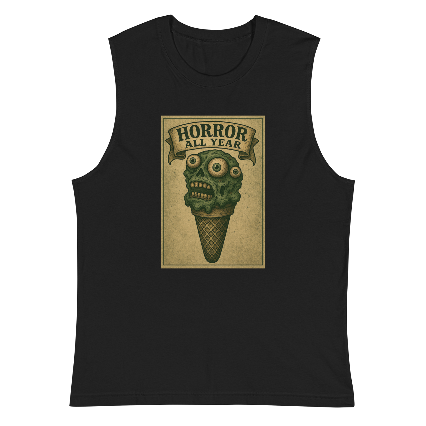 This is a black muscle shirt that is a vintage-style illustration of a zombie-themed ice cream cone with a green, melting undead face and bulging eyeballs. Above the cone, a horror banner reads "Horror All Year" on a distressed parchment background