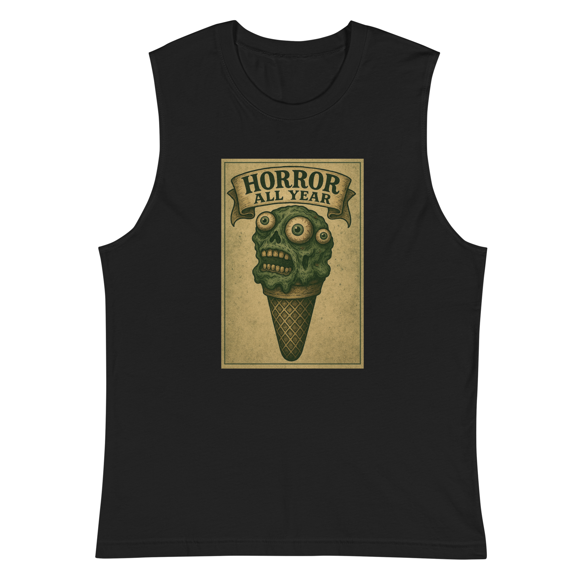This is a black muscle shirt that is a vintage-style illustration of a zombie-themed ice cream cone with a green, melting undead face and bulging eyeballs. Above the cone, a horror banner reads "Horror All Year" on a distressed parchment background