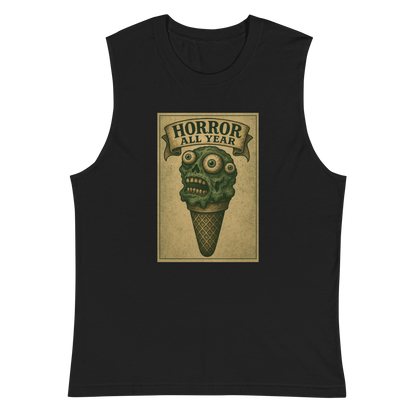 This is a black muscle shirt that is a vintage-style illustration of a zombie-themed ice cream cone with a green, melting undead face and bulging eyeballs. Above the cone, a horror banner reads "Horror All Year" on a distressed parchment background