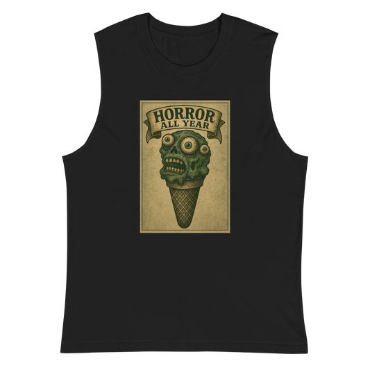 This is a black muscle shirt that is a vintage-style illustration of a zombie-themed ice cream cone with a green, melting undead face and bulging eyeballs. Above the cone, a horror banner reads "Horror All Year" on a distressed parchment background