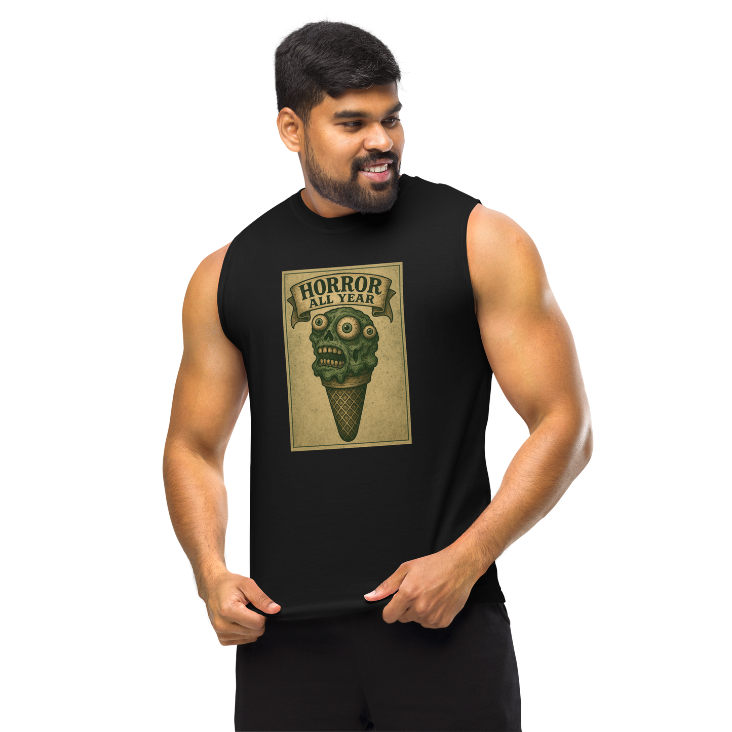 This is a man with dark hair wearing a black muscle shirt that is a vintage-style illustration of a zombie-themed ice cream cone with a green, melting undead face and bulging eyeballs. Above the cone, a horror banner reads "Horror All Year" on a distressed parchment background