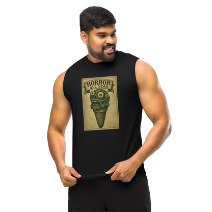 This is a man with dark hair wearing a black muscle shirt that is a vintage-style illustration of a zombie-themed ice cream cone with a green, melting undead face and bulging eyeballs. Above the cone, a horror banner reads "Horror All Year" on a distressed parchment background
