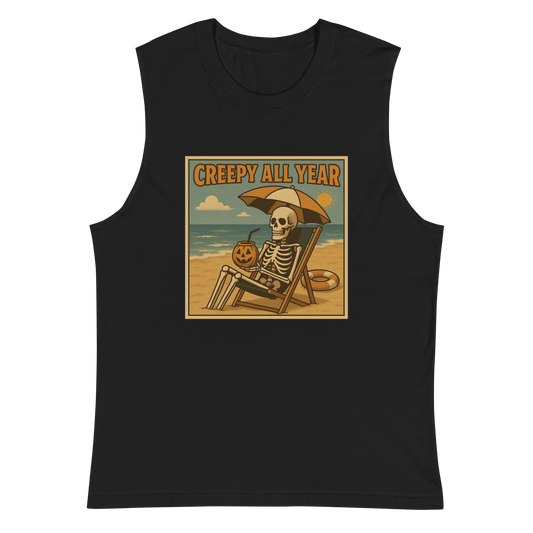 This is a black muscle shirt with a retro-style illustration of a grinning skeleton lounging on a beach chair under an orange umbrella. The skeleton is holding a pumpkin-shaped drink cup with a straw and relaxing by the ocean, with a bright sun in the sky and a life preserver in the sand. The words “Creepy All Year” appear boldly at the top 