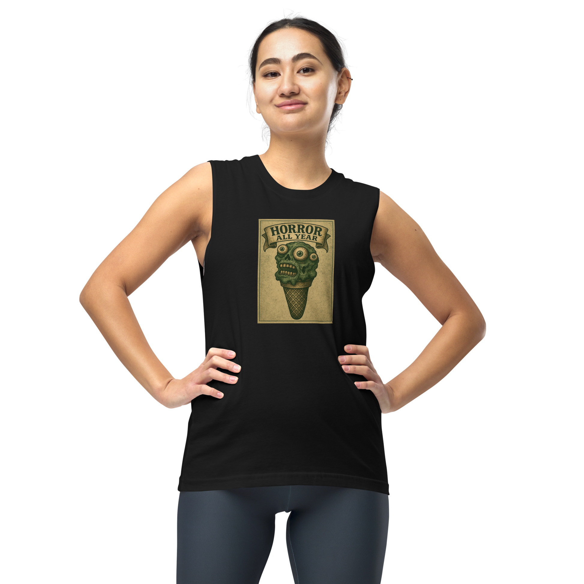 This is a woman with dark hair wearing a black muscle shirt that is a vintage-style illustration of a zombie-themed ice cream cone with a green, melting undead face and bulging eyeballs. Above the cone, a horror banner reads "Horror All Year" on a distressed parchment background