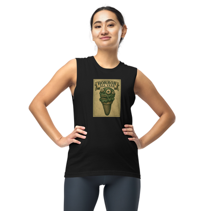 This is a woman with dark hair wearing a black muscle shirt that is a vintage-style illustration of a zombie-themed ice cream cone with a green, melting undead face and bulging eyeballs. Above the cone, a horror banner reads "Horror All Year" on a distressed parchment background