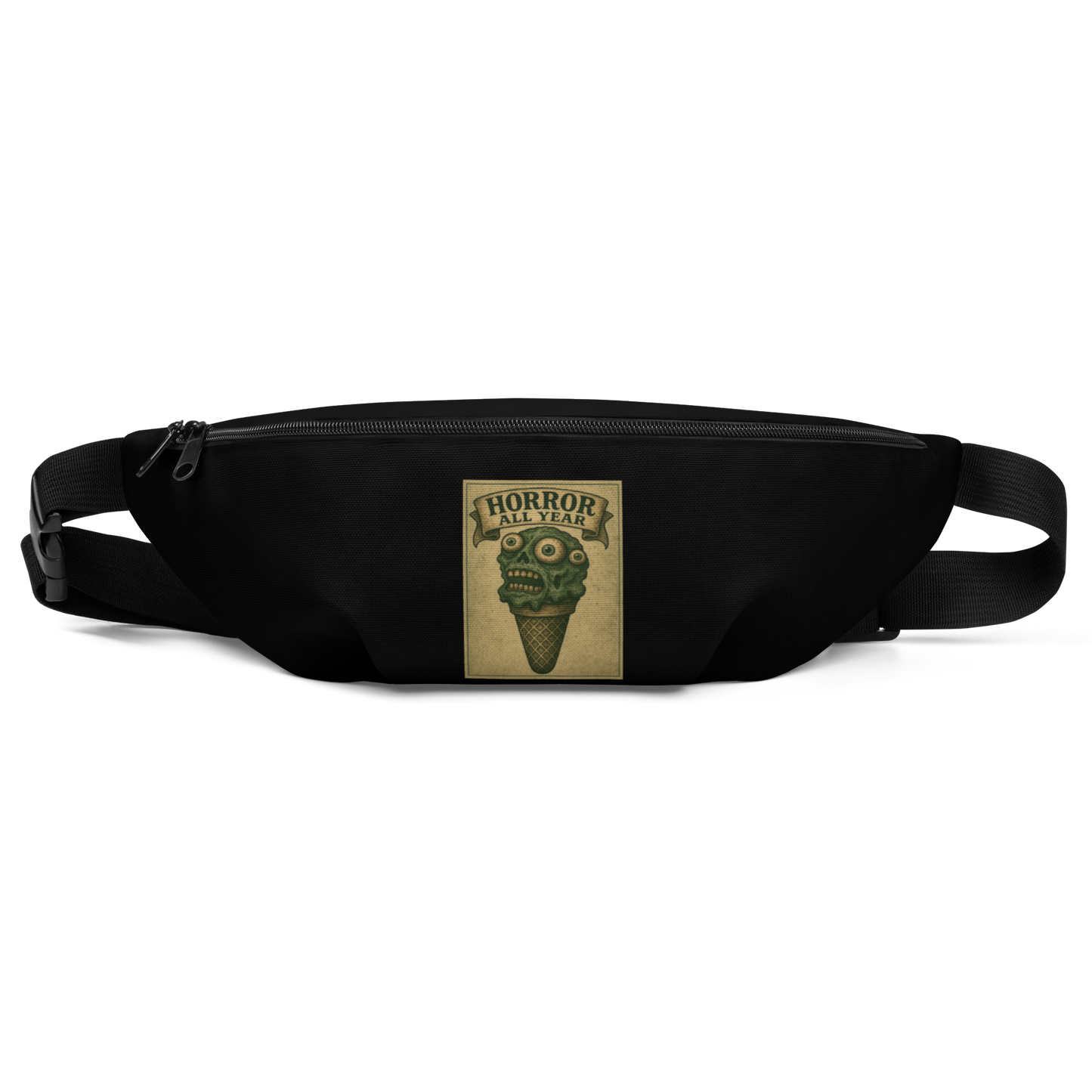 This is a black waist bag fanny pack that is a vintage-style illustration of a zombie-themed ice cream cone with a green, melting undead face and bulging eyeballs. Above the cone, a horror banner reads "Horror All Year" on a distressed parchment background