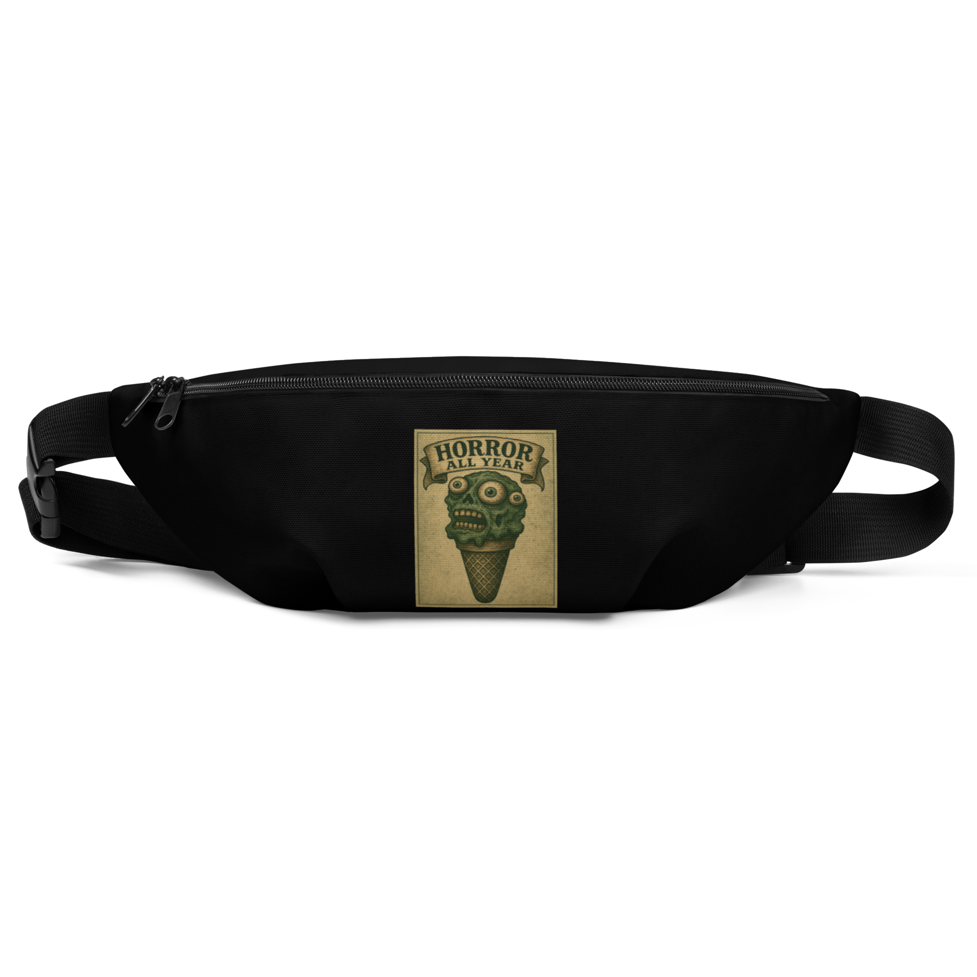 This is a black waist bag fanny pack that is a vintage-style illustration of a zombie-themed ice cream cone with a green, melting undead face and bulging eyeballs. Above the cone, a horror banner reads "Horror All Year" on a distressed parchment background
