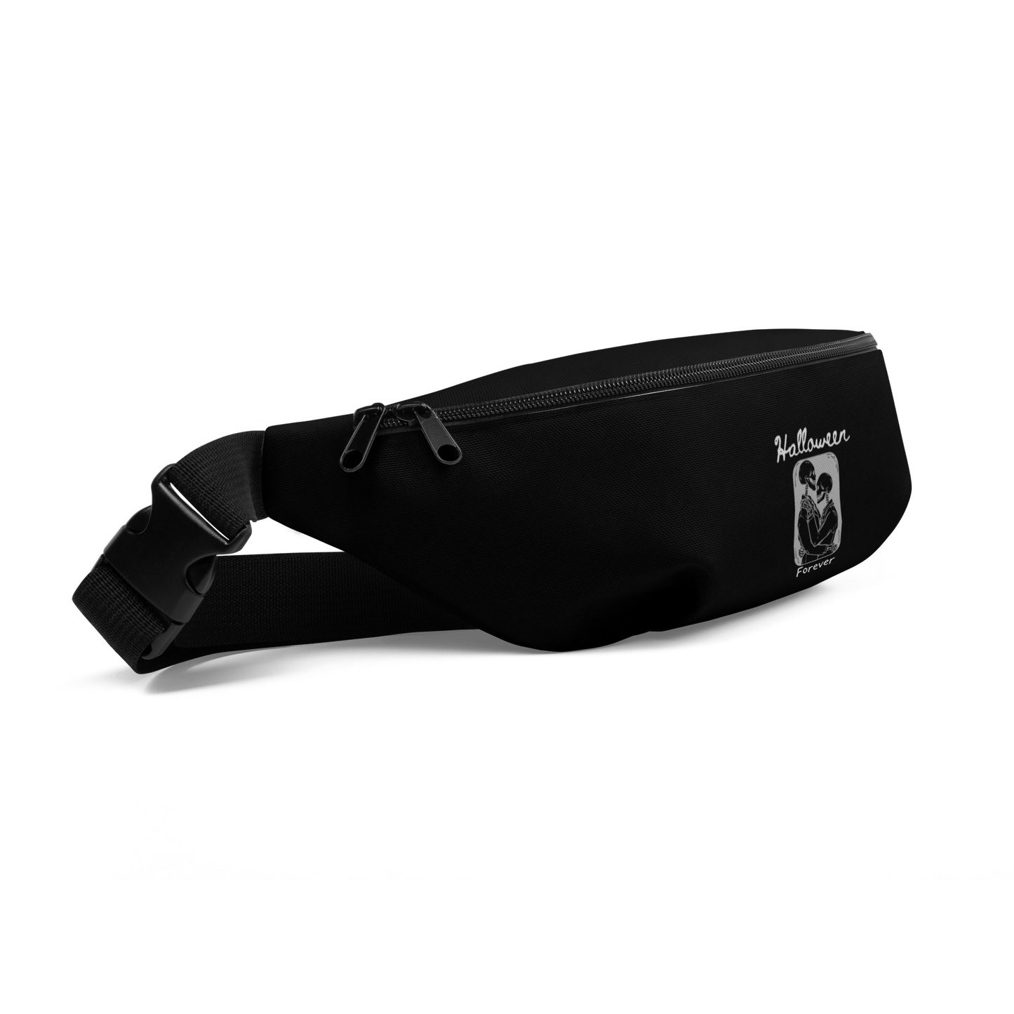 This is a black fanny pack waist bag that has a hugging skeleton couple that is grey and says Halloween Forever 